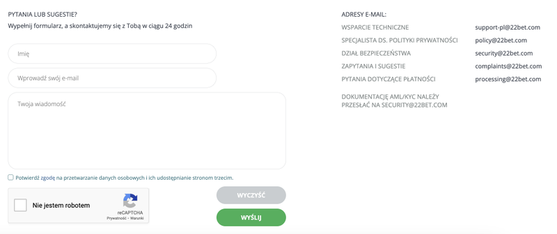 Kontakt z obsługą klienta 22bet